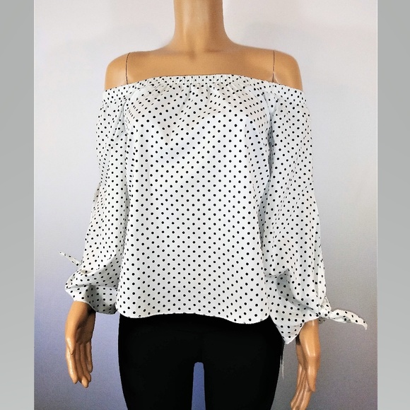 black and white polka dot off the shoulder top